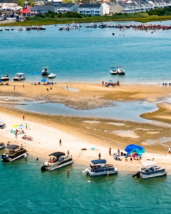 pontoon boats hanging out at the sandbar near Hooper's Crab House in Ocean City, MD